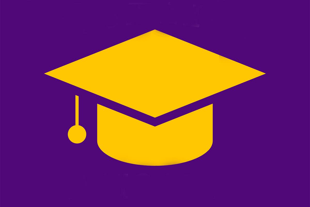 紫色的背景与黄色的毕业帽在顶部